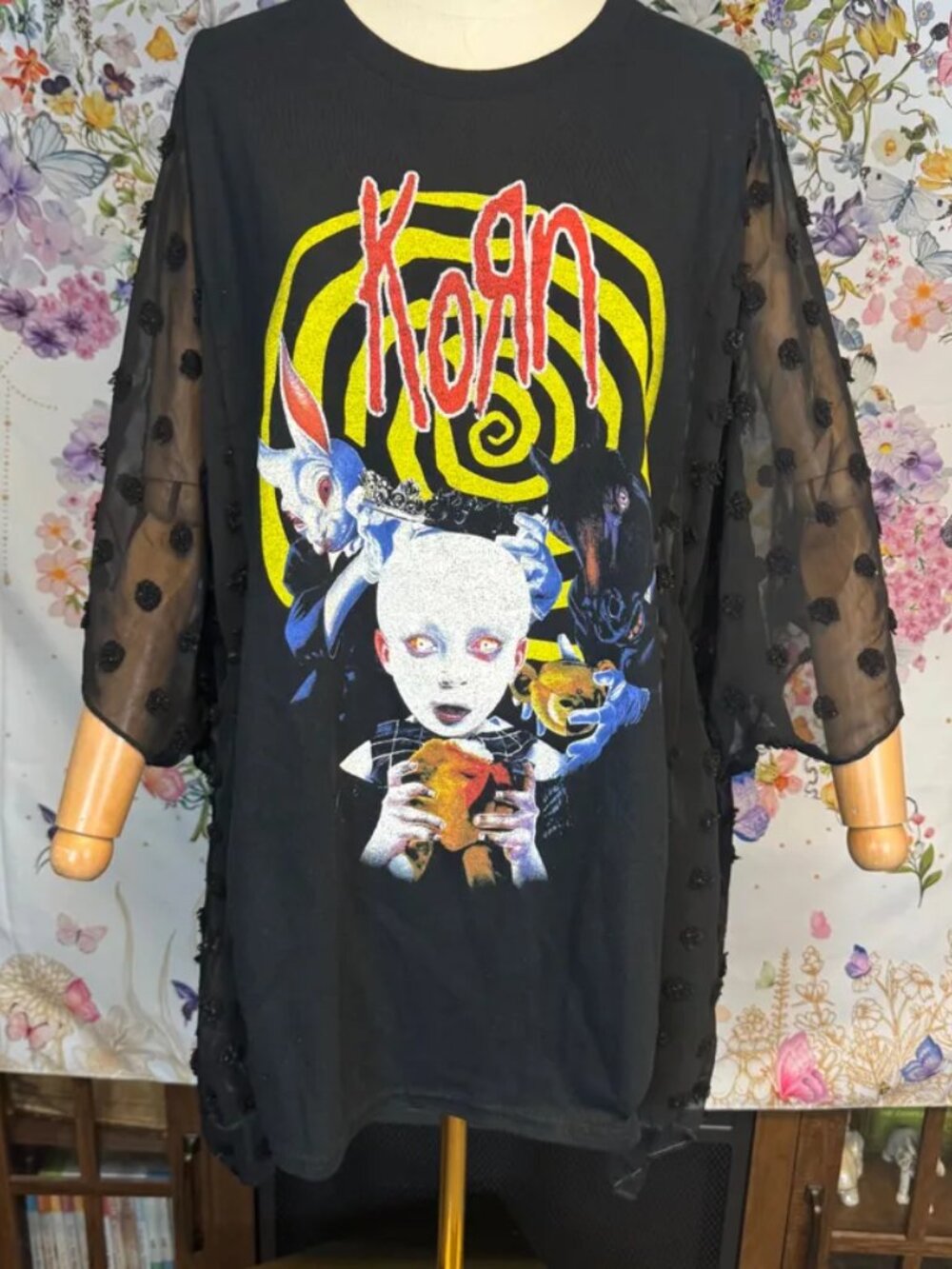 Korn Upcycled Graphic T-Shirt with Flowy Sheer Black Dot Sleeves - OSFM
